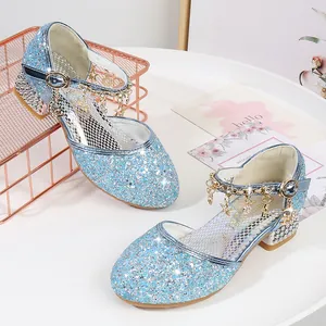 Sparkly blue sequin princess shoes for girls with decorative moon and star metal charms