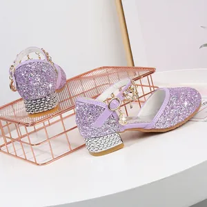 Sparkly purple sequin princess shoes for girls with rhinestone heels and moon pendant