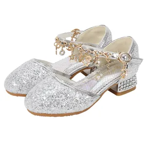 Sparkly silver sequin princess shoes for girls with rhinestone heels and star chain straps