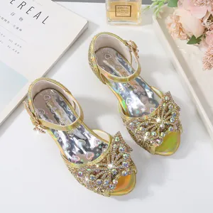 Girls Princess Sandals Glitter Bow Rhinestone Occasion Party Shoes Kids Dress Sandals Open Toe Adjustable Buckle Low Heel