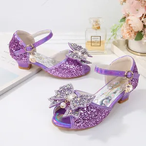 Elegantes sandalias de princesa con lentejuelas moradas y lazo de diamantes para niñas