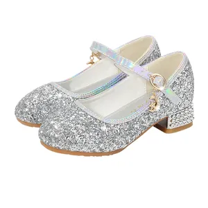Sparkly silver glitter girls princess shoes with moon charm and low block heels