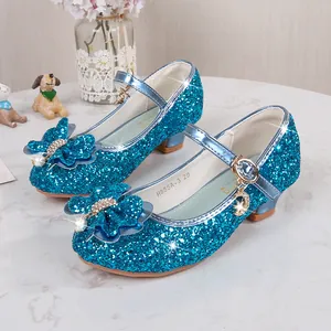 Scarpe da principessa con paillettes blu-verdi per bambine con fiocco di strass e tacco basso