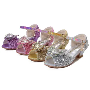 Glittery girls' high-heeled sandals with rhinestones and bows in four colors