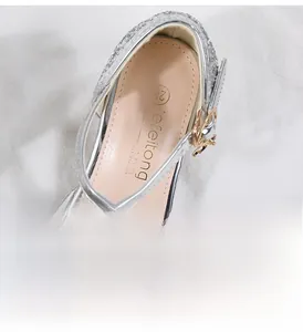 Close-up of microfiber inner lining and silver sequined heel for girl princess shoes