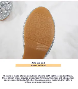 Detail showing non-slip rubber sole with floral pattern and silver sequins on girl shoes