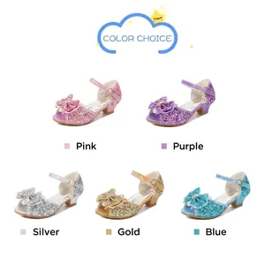 Collection of glittery princess sandals for girls in pink, purple, silver, gold, and blue