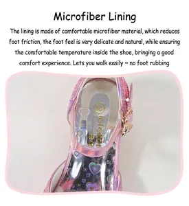 Detail of soft microfiber lining on pink sequin princess sandals for girls