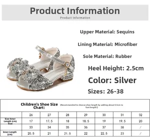 Detailed size chart and material guide for silver sequined princess sandals for girls