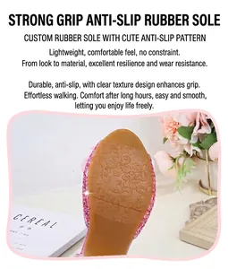 Macro view of anti-slip flower pattern on pink glitter girl sandals rubber sole