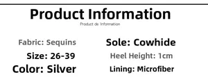Detailed size chart for girls silver sequin princess shoes with beef tendon sole info