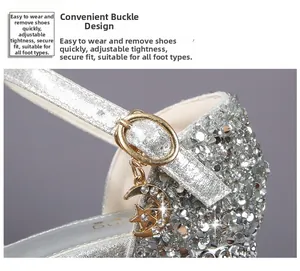 Detail of glitter girls' sandals featuring adjustable buckle and celestial rhinestone charms
