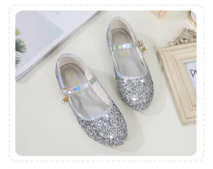 Detailed macro view of silver sequin Mary Jane shoes with iridescent strap and charm