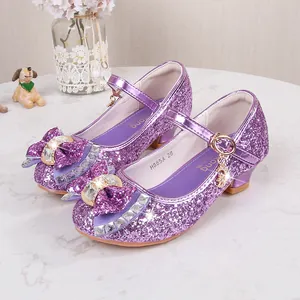 Sparkly purple Mary Jane princess shoes for girls with glitter bow and rhinestone accents