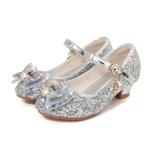 Sparkly silver sequins Mary Jane princess shoes with rhinestone bow for girls