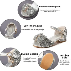 Detail view of silver sequin girls sandals with star charm and soft inner sole