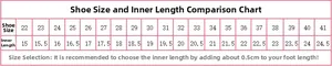 Size chart showing inner lengths 15cm to 24.5cm for girls' princess dance shoes