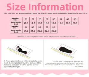 Detailed size chart for girls sequins bow shoes showing inner length from 17cm to 23cm