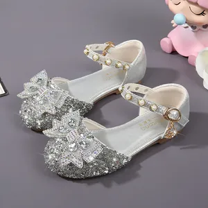 Girls Sparkling Sequin Princess Sandals Rhinestone Bow Dress Shoes For Wedding Party Kids Artificial Pearl Ankle Strap Flat Sandals