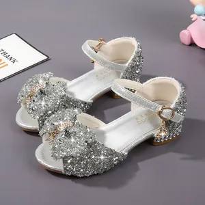 Girls Princess Sandals Sequin Glitter Bowknot Crystal High Heel Shoes For Wedding Party Performance Children Shoes