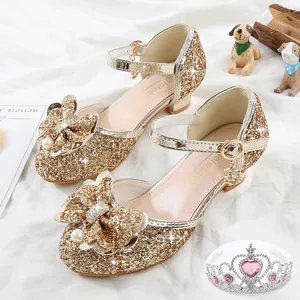 Girls Sequin Princess Shoes Bow Artificial Pearl Rhinestone Detail Chunky Low Heel Mary Jane Dress Shoes For Wedding Party Performance