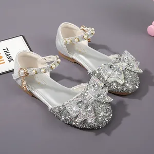 Sparkly silver sequins girls princess sandals with large rhinestone bow and pearl strap