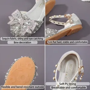 Silver sequin girls princess shoes with rhinestone bow and pearl ankle strap details