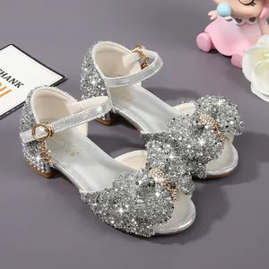 Sparkly silver sequins girls princess dress shoes with bow and heart metal buckle