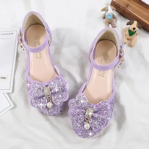 Fashionable purple girls princess shoes with sequin bow and pearl pendant detail