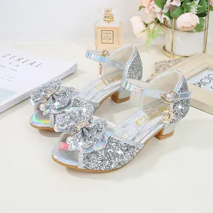 Sparkly silver sequin girls princess sandals with pearl bow and star moon charms