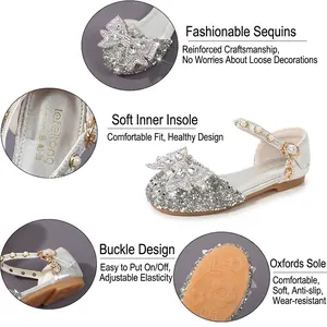 Silver sequins princess sandals for girls featuring rhinestone bows and pearl straps
