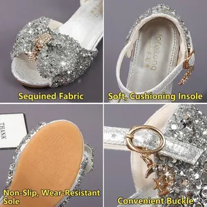 Sparkly silver princess sandals for girls featuring sequins and a crystal bow accent