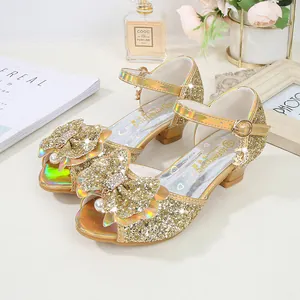 Girls' golden high heel princess sandals with sparkling sequins and pearl bows