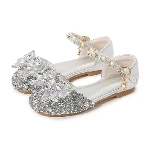 Girls silver sequin princess sandals with crystal bow and pearl ankle strap decor