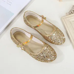 Elegant gold sequins Mary Jane princess shoes for girls with pearl pendant charm