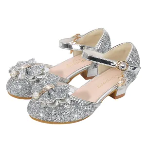 Silver sparkly girls Mary Jane princess shoes with sequin bows and pearl charms