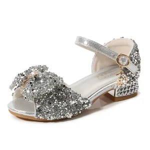 Sparkling silver girls' princess sandals with sequin bow and star moon pendants