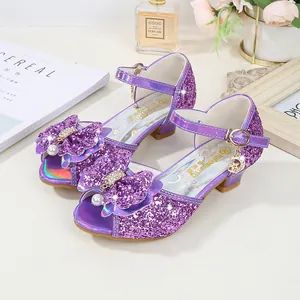 Fashionable purple sequin princess sandals for girls with bow and pearl details