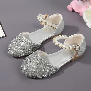 Mädchen Prinzessin Schuhe Silber Pailletten Perlenriemen Mond Stern Anhänger Rutschfeste Weiche Sohle Party Mary Jane Flache Schuhe