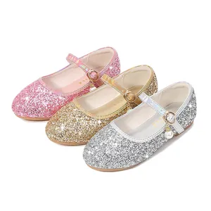 Sparkly sequins Mary Jane shoes for girls in pink, gold and silver colors with pearl charms