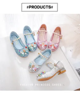 Glittery princess shoes for girls with floral accents and pearl straps in three colors