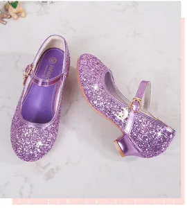 Detail view of purple sequin Mary Jane shoes for girls featuring a moon-shaped pendant charm