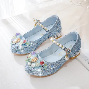 Girls Princess Sequins Shoes Pearl Bow Rhinestone Low Heel Mary Jane Shoes For Wedding Party Ceremony Children Dress Shoes