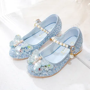 Chaussures Mary Jane de Princesse pour Filles Paillettes Strass Nœud Papillon Perles Chaussures de Soirée Mariage pour Enfants