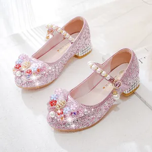 Girls sparkling sequin princess shoes with crystal bow and pearl strap for parties