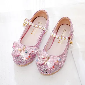 Chaussures Mary Jane roses pailletées pour filles avec papillon 3D et bride en perles