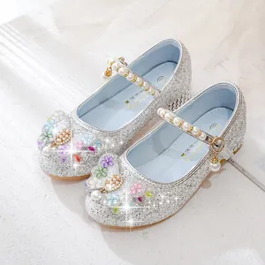 Silver sparkly Mary Jane princess shoes for girls with colorful flowers and pearl strap