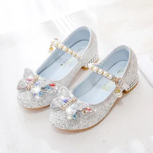 Chaussures de princesse argentées à paillettes pour filles avec nœud et perles