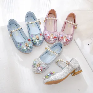 Sparkly sequin Mary Jane princess shoes with 3D flower and pearl strap for girls