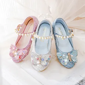 Chaussures princesse fille pailletées avec nœuds en strass et brides perles rose argent bleu